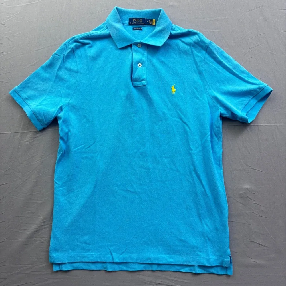 Polo Ralph Lauren Mens Classic Fit Polo Shirt Turquoise Blue Yellow Pony Size M
